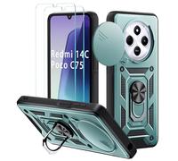 Yohii Coque pour Xiaomi Redmi 14C 4G / 5G / Xiaomi Poco C75 / Redmi A4, avec 2 Pièces Verre Trempé, Lentille Coulissante Couverture, Support 360° Rotatif Militaire PC Armor Etui, Vert