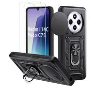 Yohii Coque pour Xiaomi Redmi 14C 4G /5G / Xiaomi Poco C75 / Redmi A4, avec 2 Pièces Verre Trempé, Lentille Coulissante Couverture, Support 360° Rotatif Militaire PC Armor Etui, Noir