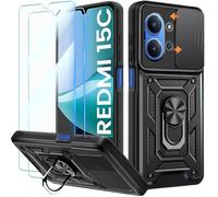 Yohii Coque pour Xiaomi Redmi 15C 4G / 5G avec 2 Pièces Verre Trempé, Lentille Coulissante Couverture, Support 360° Rotatif Militaire PC Armor Etui, Noir