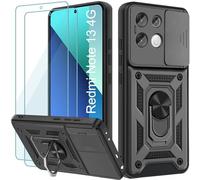 Yohii Coque pour Xiaomi Redmi Note 13 4G (Pas pour 5G) avec 2 Pièces Verre Trempé, Lentille Coulissante Couverture, Support 360° Rotatif Militaire PC Armor Etui, Noir