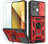 Yohii Coque pour Xiaomi Redmi Note 13 5G avec 2 Pièces Verre Trempé, Lentille Coulissante Couverture, Support 360° Rotatif Militaire PC Armor Etui, Rouge