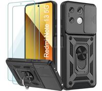 Yohii Coque pour Xiaomi Redmi Note 13 5G (Pas pour 4G) avec 2 Pièces Verre Trempé, Lentille Coulissante Couverture, Support 360° Rotatif Militaire PC Armor Etui, Noir