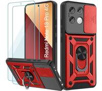 Yohii Coque pour Xiaomi Redmi Note 13 Pro 4G (Pas pour 5G) avec 2 Pièces Verre Trempé, Lentille Coulissante Couverture, Support 360° Rotatif Militaire PC Armor Etui, Rouge