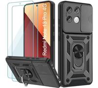 Yohii Coque pour Xiaomi Redmi Note 13 Pro 4G (Pas pour 5G) /Xiaomi Poco M6 Pro 4G avec 2 Pièces Verre Trempé, Lentille Coulissante Couverture, Support 360° Rotatif Militaire PC Armor Etui, Noir