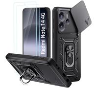 Yohii Coque pour Xiaomi Redmi Note 14 4G (Pas pour 5G) avec 2 Pièces Verre Trempé, Lentille Coulissante Couverture, Support 360° Rotatif Militaire PC Armor Etui, Noir