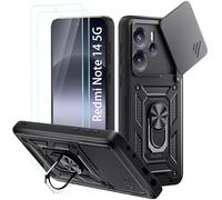 Yohii Coque pour Xiaomi Redmi Note 14 5G (Pas pour 4G) avec 2 Pièces Verre Trempé, Lentille Coulissante Couverture, Support 360° Rotatif Militaire PC Armor Etui, Noir
