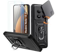 Yohii Coque pour Xiaomi Redmi Note 15 Pro 5G (Pas pour 4G) avec 2 Pièces Verre Trempé, Lentille Coulissante Couverture, Support 360° Rotatif Militaire PC Armor Etui, Noir