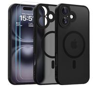 Yohii Magnétique Coque pour iPhone 16 avec 2 Verre Trempé, Compatible avec MagSafe [Conception de Caméra Protection] Etui Translucide Mat Arrière Housse Fine Antichoc Case, Noir