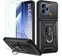 Yohii Militaire Antichoc Coque pour Oppo Reno 15 F/Reno 15F/Reno 15 FS/Reno 15 5G avec 2 Pack Verre Trempé et Protection Caméra Coulissante, 360°Métal Anneau Support Anti-rayures PC Boîtier Noir