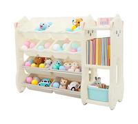 YOICUATGNA Étagère à 4 étagères pour jouets pour enfants avec coins arrondis, organisateur de jouets avec 4 grands et 8 petits paniers, rangement de livres et jouets dans la chambre d'enfant, étagère