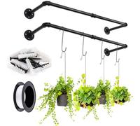 Yoiemivy Lot de 2 Barres de Pot de Fleurs à Suspendre avec 4 Crochets Noirs - Support Mural Minimaliste en métal pour fenêtre, Mur, Plafond, Herbes aromatiques (Pot et Plante Non Inclus)
