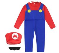 YOILIK Déguisement Mario Enfant, 5-9 ans Mario Costume de Cosplay, Cosplay Brothers Garçon, Déguisement avec Chapeaux et Moustache, Costume Carnaval Classique Halloween Anniversaire