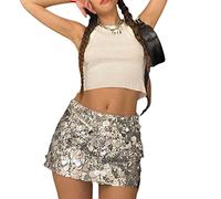 YOISDTXC Jupe Mini en Sequins Brillants pour Femmes, Jupe Taille Moyenne Élastique d'Été Décontractée, Jupe Crayon de Coupe A pour Plages, Clubs, Streetwear, Argenté., M