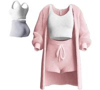 YoiTs Misscosy Ensemble en Tricot 3 pièces, Pyjama Sexy en Polaire Chaude et pelucheuse, Ensemble Haut et Short, vêtements de détente (Pink,Medium)