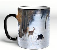 YOIUE Mug en porcelaine fin - Tasses de 11oz 330ml - Tasse de café exquise pour collègues,amis,frères et sœurs - Cadeau imprimé,Deux cerfs et un sanglier animaux sauvages debout sur la neige dans la f