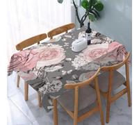 YOIUE Nappe Anti-Taches Lavable,137x183cm Nappe pour Table Rectangulaire pour Salle à Manger,Jardin,fête,Mariage ou Maison,avec des Fleurs Roses et des Feuilles sur Fond Gris. Motif Floral Fleur Rose