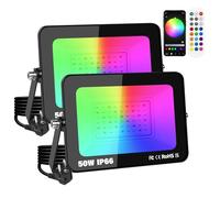 YOJZMA 2 Pcs 50W projecteur LED d'extérieur avec prise, éclairage de paysage intelligent RVB à changement de couleur avec contrôle par application, étanchéité IP66 pour jardins et cours