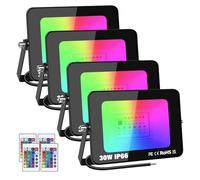 YOJZMA 4pcs 30W RGB Projecteur LED Extérieurs avec Télécommande, 16 Couleurs 4 Modes Fonction Mémoire Exterieur Interieur Projecteur, IP66 Etanche Neon Spot LED pour Jadin, Terrasse Patio, Fête