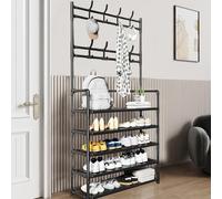 Yokawe Porte-manteau avec étagère de rangement, porte-manteau d'entrée avec support de rangement pour chaussures à 5 niveaux avec crochets, adapté pour le couloir d'entrée de chambre à coucher Noir