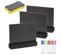 YOKIVE 3 Pièces Mini Panneaux Ardoise 100x75mm Rectangle | Double Face avec Support en Bois Noir, avec 12 Marqueurs Aquarelle et Gommes, pour Numéros de Table de Mariage Bar