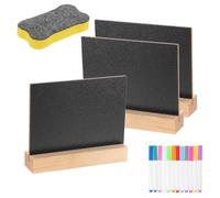 YOKIVE 3 Pièces Mini panneaux d'ardoise 100x75mm Rectangle | Double face, avec support bois couleur bois, 12 marqueurs aquarelle et gommes, pour numéros de table de mariage/bar