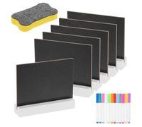 YOKIVE 6 Pièces Pancartes Mini Ardoise 100x75mm Rectangle | Double Face, Support en Bois Blanc, avec 12 Marqueurs Aquarelle et Gommes, pour Table de Mariage et Numéros de Bar