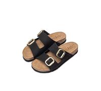 Yokono Sandales plates pour femme en cuir JERBA-700 noir | Chaussures femme printemps-été | cuir de vachette nubuck | 2 cm, Noir , 37 EU