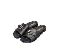 Yokono Sandales plates pour femme en cuir LEO-301 Noir | Chaussures femme printemps-été | Cuir de vachette Napa | 2 cm, Noir , 39 EU