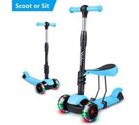 Yoleo 3 en 1 Trottinette Enfants 3 Roues Lumineux 2 Ans à 5ans Siège Amovible Hauteur Réglable 65cm à 77cm Cadeau Jouet Bleu