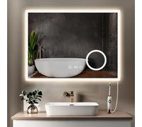 YOLEO Miroir de Salle de Bain avec éclairage, Miroir LED avec Horloge, Température, Grossissement 3X, Miroir Mural avec Prise électrique, antibuée, 3 Couleurs de Lumière réglables, 80x60cm
