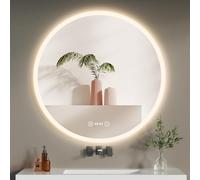 YOLEO Miroir de Salle de Bain Rond avec éclairage LED, Horloge et température, Miroir Mural avec Interrupteur Tactile et Verre Anti-Explosion, 3 Couleurs de lumière réglables, 70 x 70 cm