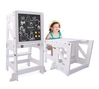YOLEO Tour d'apprentissage 2 en 1, Pliable, Tour d'observation pour Enfants Montessori Learning Bois Naturel Kitchen Helper avec Tableau Noir et Blanc,Table et Chaise pour Enfant (Blanc)