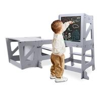 YOLEO Tour d'apprentissage 3 en 1, Pliable, Tour d'observation pour Enfants Montessori Learning Bois Naturel Kitchen Helper avec Tableau Noir et Blanc,Table et Chaise pour Enfant (Gris)