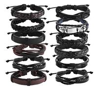 Yolev 12 Pièces Bracelet Cuir Tressé Homme Femmes Manchette Wrap Bracelets Brésilien Réglable Noir Marron Large Bracelets en Cuir Tressé