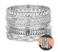 Yolev 7 Pièces Bracelets Femme Argent Empilables Épais Boho Lot Bracelet Indiens Ensemble de Bijoux pour Fille Indiennes Vintage de Mariage Africain Jonc Bouddhiste