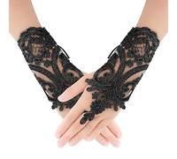 Yolev Gants sans Doigts en Dentelle pour Femmes Mitaines Brodés de Fleurs Noirs pour Fête de thé Bal d'opéra Fête de Mariage Halloween Accessoires pour Robe