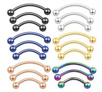 Yolev Lot de 18 piercings de sourcil, 16 g en acier chirurgical incurvé, petits piercings verticaux, labret, lèvre, oreille, nombril, hélix, conque, daith pour homme et femme, 8/10/12 mm, boules de