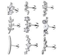 Yolev Lot de 9 boucles d'oreilles de cartilage à dos plat pour femme - Boucles d'oreilles tendance de calibre 16 G - Boucles d'oreilles serpent feuille fleur étoile CZ dos plat pour oreilles de femme