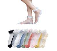 Yolhloy 6 Paires Chaussettes Courtes Transparentes Motif Floral Dentelle Été Cheville Ruffle Socquettes pour Femme Fille