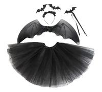 YolieraArt S o k i t r e e Ensemble de costume d'Halloween 4 pièces pour fille, jupe en maille avec ailes de chauve-souris, bandeau et baguette, accessoires de déguisement pour carnaval, cosplay