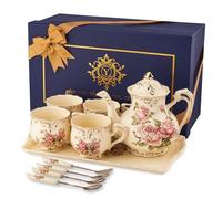 YOLIFE Céramiques Ensembles De Set de thé, Théière avec 4 Tasse avec plateau, Motifs de roses