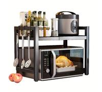 Yolispa Étagère à micro-ondes extensible à 2 niveaux, support pour plan de travail avec baguettes et planche à découper, étagère à micro-ondes, étagère de boulangerie avec 6 crochets, extensible de 40