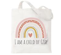 Yoljun Sac en tissu chrétien 40 × 35 cm avec inscription « I Am A Child of God » - Cadeaux chrétiens pour femme - Réutilisable - Sac fourre-tout esthétique en toile pour le shopping, les voyages, le