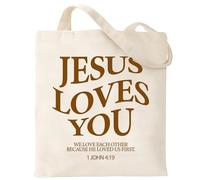 Yoljun Sac en tissu chrétien imprimé, 40 × 35 cm, sac en toile de jute imprimé avec Jésus Loves You, sac fourre-tout en toile esthétique, cadeaux chrétiens pour femmes