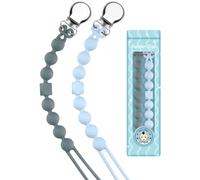 Yolnkos Attache Sucette Garçons Filles Silicone Soothie Tétine Clips Porte Accroche Chaîne Cadeau de Douche de Bébé Conception en Une Seule Pièce 2pcs(Bleu,Gris)