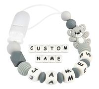 Yolnkos Attache Sucette Nom Personnalisé Prenom Teddy Ours Tetine Clips Chaîne pour Bébé Filles Garçons(Gris)