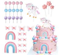 yolzhxe 33 Pièces Décoration de Gâteau Licorne, 3D Decoration Gateau Anniversaire Comprend des Licornes, des Arcs-en-ciel, des Papillons, etc pour les Anniversaires D'enfants et les Fêtes Prénatales