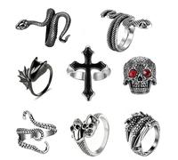 yolzhxe 8 Pièces Réglables Bagues Crâne Homm, Acier Inoxydable Bagues Vintage Gothique, Bague Serpent Croix Crâne, Anneaux Tete de Mort Homme pour Fête à Thème D'Halloween