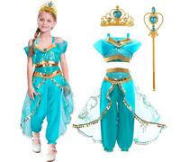 YOMIQIU Deguisement Princesse Jasmine Fille: Costume de Princesse Jasmine avec Baguette de et Couronne, Robe de Aladdin Carnaval Halloween Vêtements de fête d'anniversaire Cosplay 3-11 Ans (130)