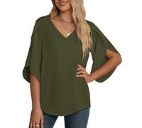 Yommay Chemisier d'été en mousseline de soie pour femme - Élégant et décontracté - Manches 3/4 - Col en V, vert militaire, XXL